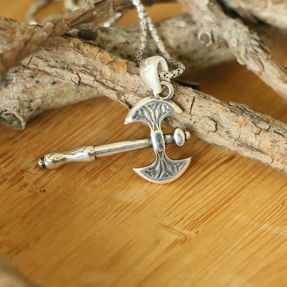 Sterling Silver Decorated Axe Necklace - Picture 2 of 7